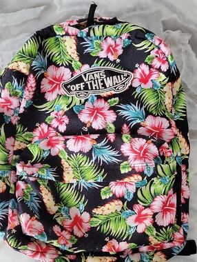 Vans Black Backpack with Pink & Green Tropical Floral Print